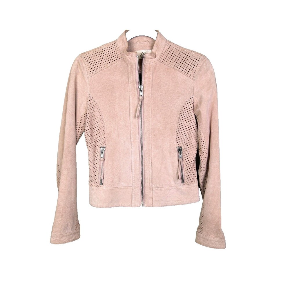 Guess Vintage Pink Suede Zip Up Motocycle Bomber Jacket Perforated Detail Y2K XS